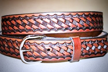 Handcrafted Leather Belt  with Classic Tooled Basket Weave Design (Solid Leather, No Stitching)