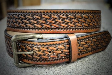 Handcrafted Leather Belt  with Detailed Smaller Basket Weave Design (Solid Leather, No Stitching)