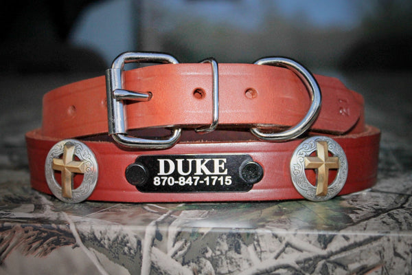 LEATHER DOG COLLAR, I.D. Plate and Conchos included, by Miller's Leather Shop