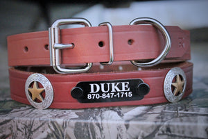 LEATHER DOG COLLAR, I.D. Plate and Conchos included, by Miller's Leather Shop