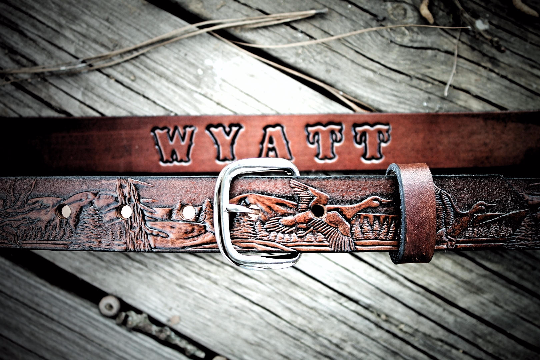 DUCK Hunter Belt, tooled leather belt, personalized belt, Name Engraved Free!