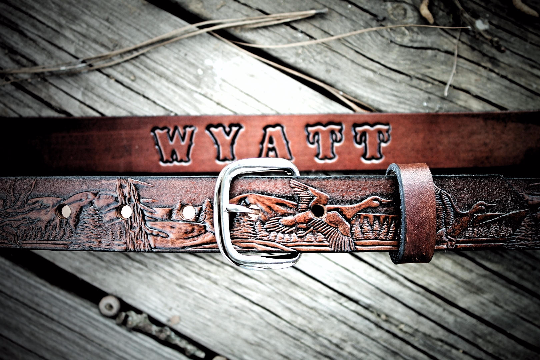 Kid's Leather Belt , DUCK BELT, duck hunter belt, Name Engraved Free!