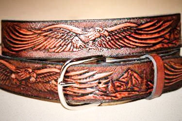 Handcrafted Leather Belt with Eagle in Flight and Mountains(Solid Leather and no stitching)