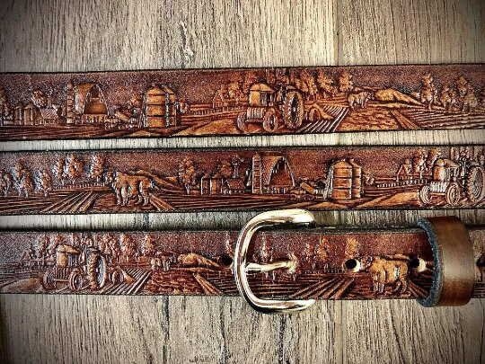 Farm Tooled Leather Belt, Tractor Belt, Made in the USA by Miller's Leather Shop