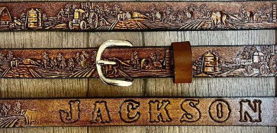 Farm Tooled Leather Belt, Tractor Belt, Made in the USA by Miller's Leather Shop
