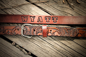Kid's Handmade Leather Belt with Horses and Name Engraved Free