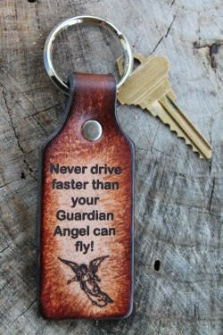 Leather Keychain - Tooled 'Guardian Angel' Design - Personalized Gift