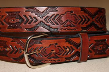 Handcrafted Leather Belt  with Thunderbird Southwest Tooled Design (Solid Leather, No Stitching)