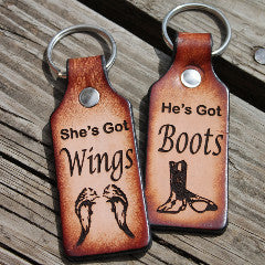 Handcrafted Leather Keychain Set for Couples - 'He's Got Boots, She's Got Wings'