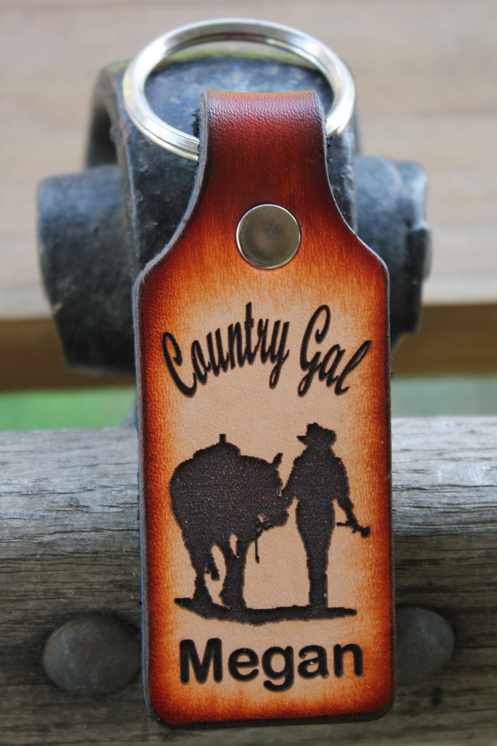 Tooled Leather Keychain with Country Gal-- Girl and Horse--  Name Engraved  FREE!! Gift Box included.