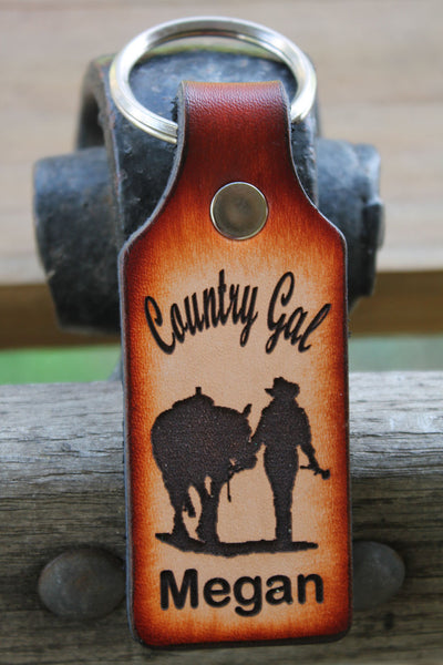 Tooled Leather Keychain with Country Gal-- Girl and Horse--  Name Engraved  FREE!! Gift Box included.