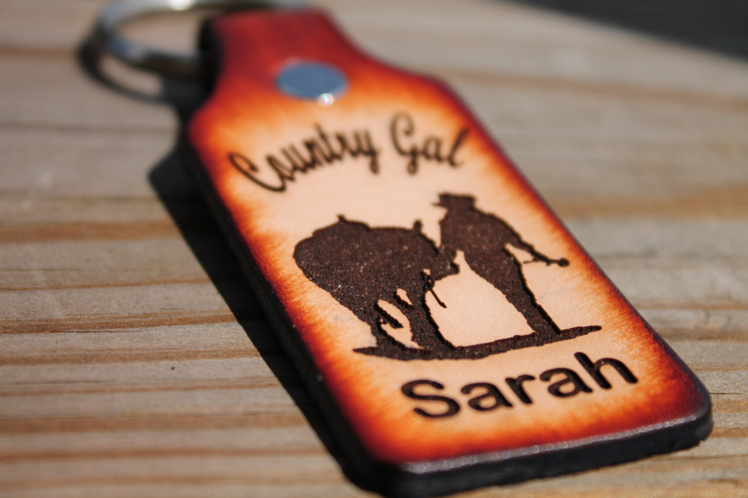 Tooled Leather Keychain with Country Gal-- Girl and Horse--  Name Engraved  FREE!! Gift Box included.