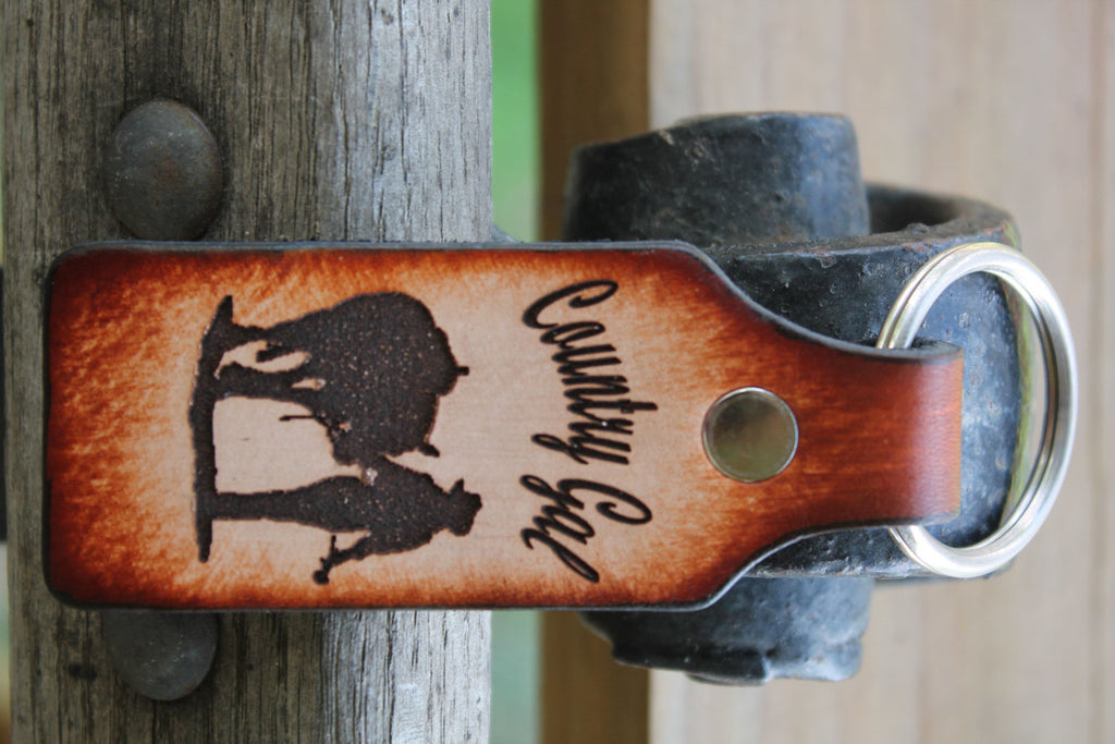 Tooled Leather Keychain with Country Gal-- Girl and Horse--  Name Engraved  FREE!! Gift Box included.