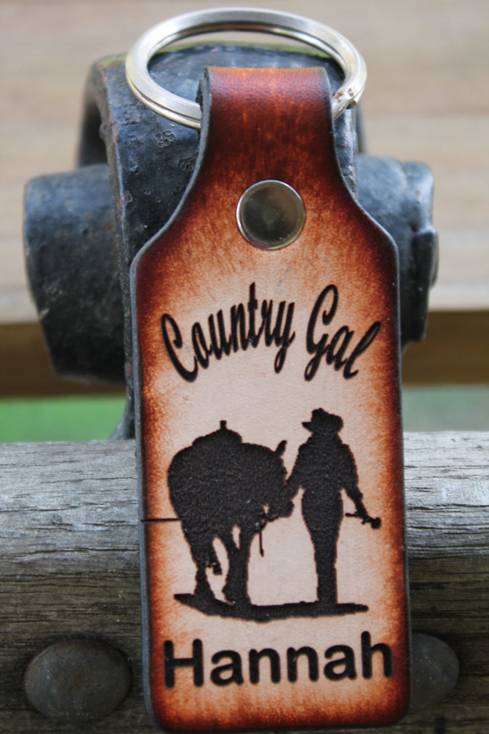 Tooled Leather Keychain with Country Gal-- Girl and Horse--  Name Engraved  FREE!! Gift Box included.