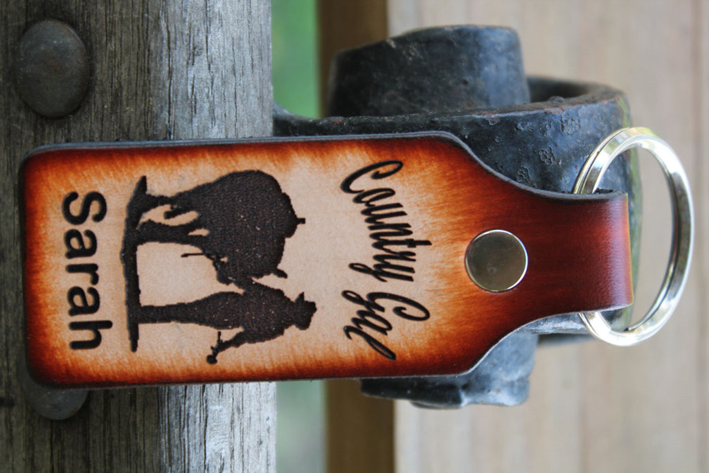 Tooled Leather Keychain with Country Gal-- Girl and Horse--  Name Engraved  FREE!! Gift Box included.