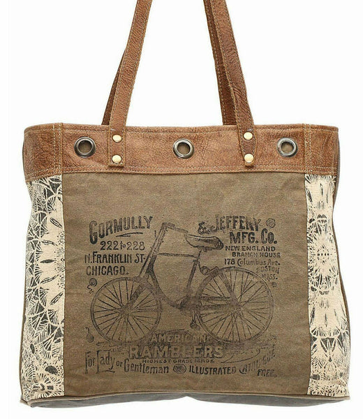 Bicycle Print Leather and Canvas Tote Bag