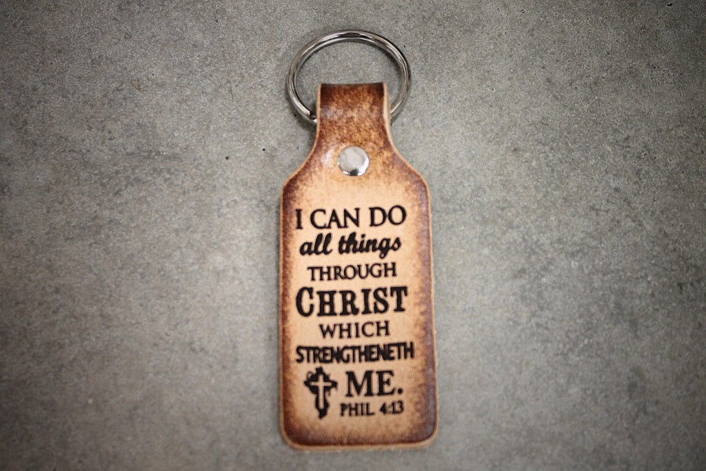 Hand Tooled Leather Keychain - Philippians 4:13 Christian Gift