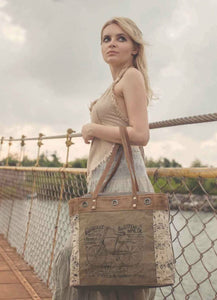 Bicycle Print Leather and Canvas Tote Bag